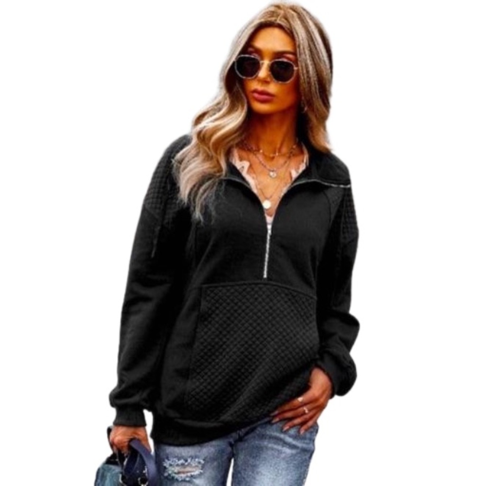 Women's Zip Up Solid Hoodie Pullover. Black